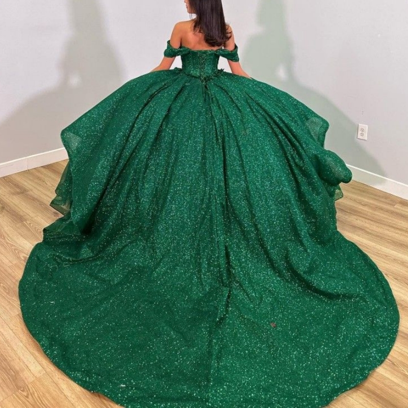 Blackish Green Shiny Princess Quinceanera Dresses Ball Gown Applique Flower Beading Off Shoulder Party Gown Sweet 16 Dress Vestidos De 15 Anos
