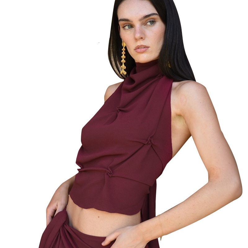 2025S Fashion Designer F TP Women S Autumn And Winter Hanging Neck Tied Bow Hollow Out Backless Pleated Crop Top T Shirt