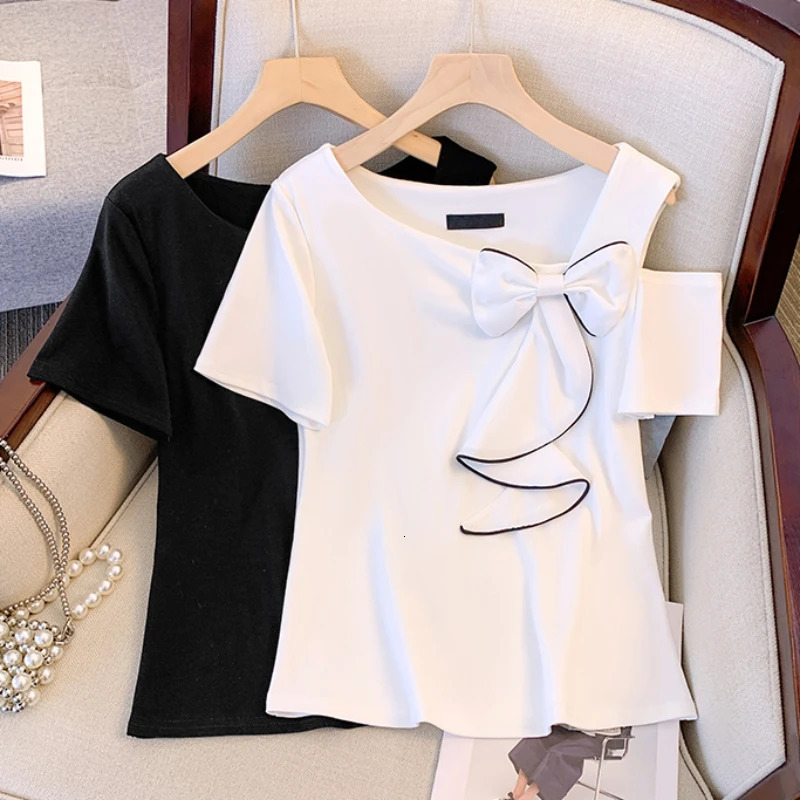 Summer Korean Style T-Shirt Women Chic Sexy Hollow Out Skew Collar Color Blocking Big Bow Tops Plus Size Short Sleeve Tees 250321