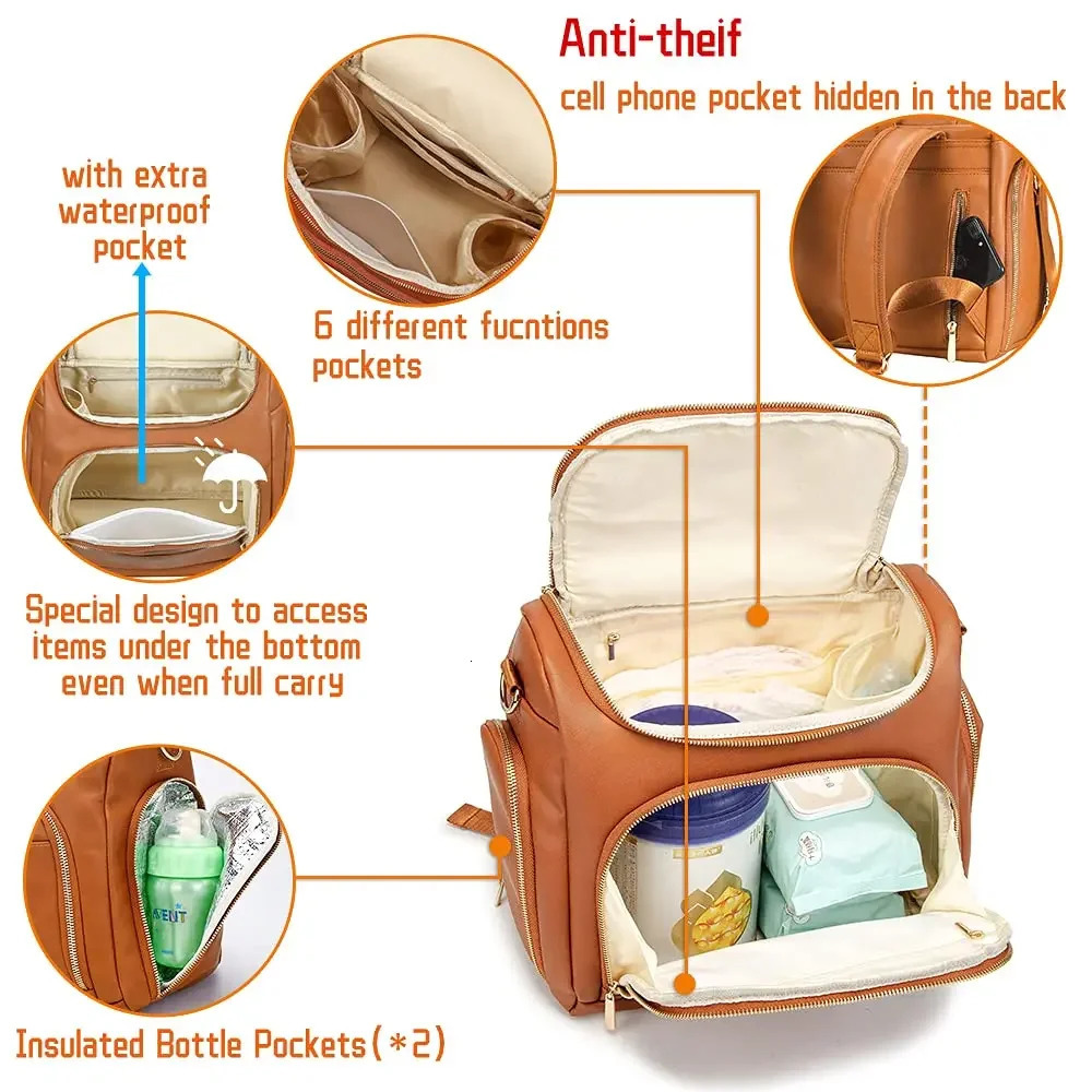 7-in-1 Baby Diaper Bag Solid PU Leather Mummy Maternity Bag Large Capacity Travel Back Pack Stroller Bags with Changing Pad 250325