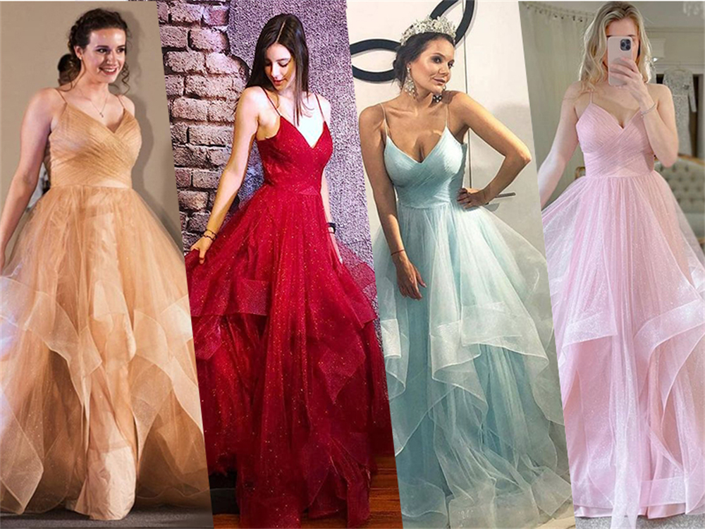 Long Prom Dresses Elegant Deep V-Neck Sexy Spaghetti Criss-Cross Tulle Ball Gown Lace-up Plus Size Formal Occasion Evening Party Gown Pd02