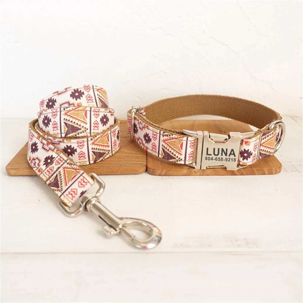 Personalized pet collar customized name ID tag adjustable brown ethnic set regular cat and dog collar lead strap X250326