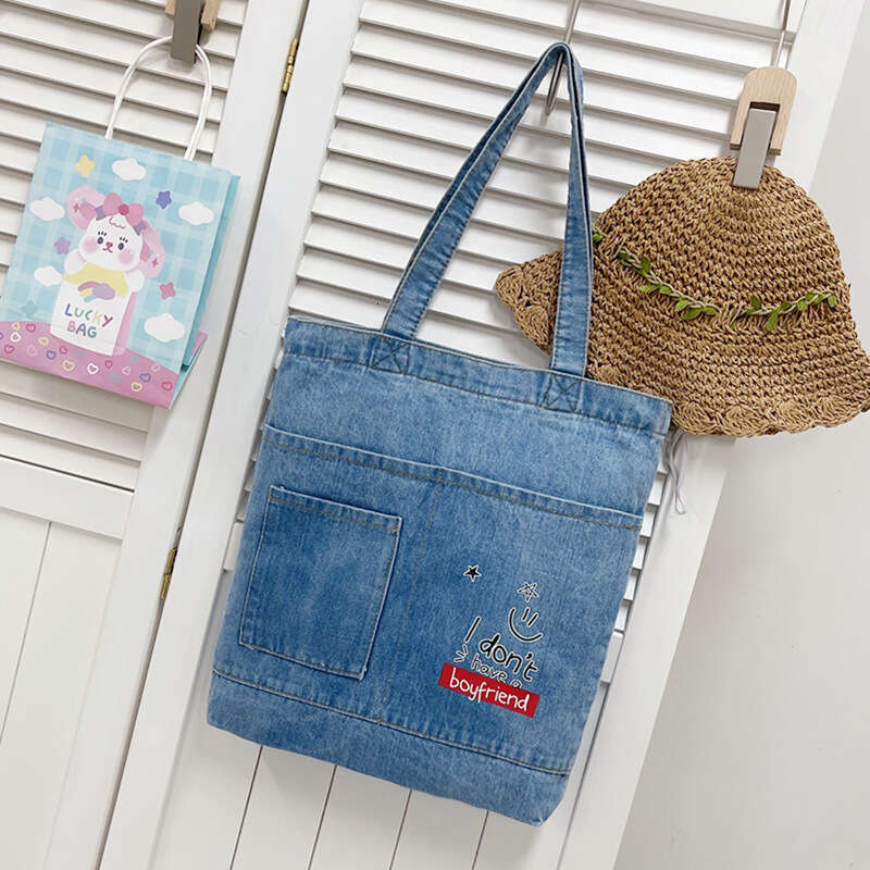 Cowboy shoulder casual and minimalist Korean version women, tote for girls, canvas, student portable tutoring bag