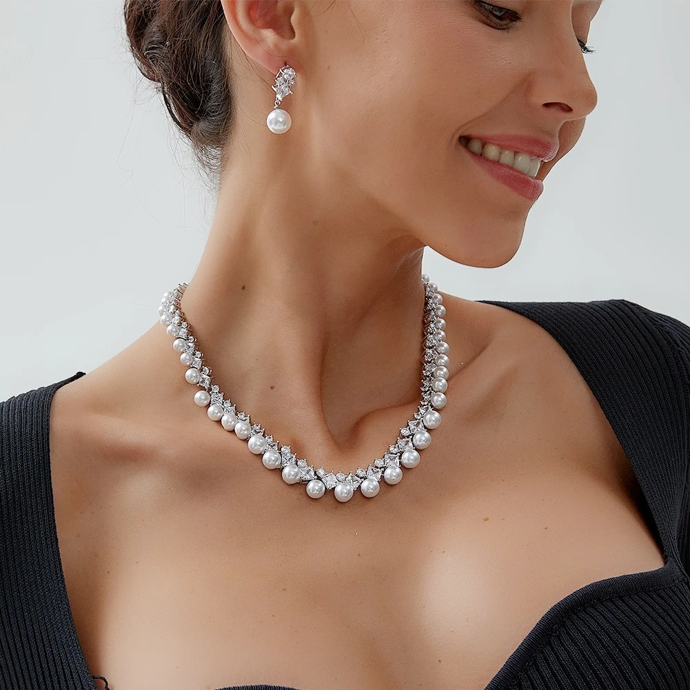 Elegant White CZ Wedding Accessories for Women Brides Classic Round Pearl Necklace and Earrings Costume Jewelry Sets X0482 250318