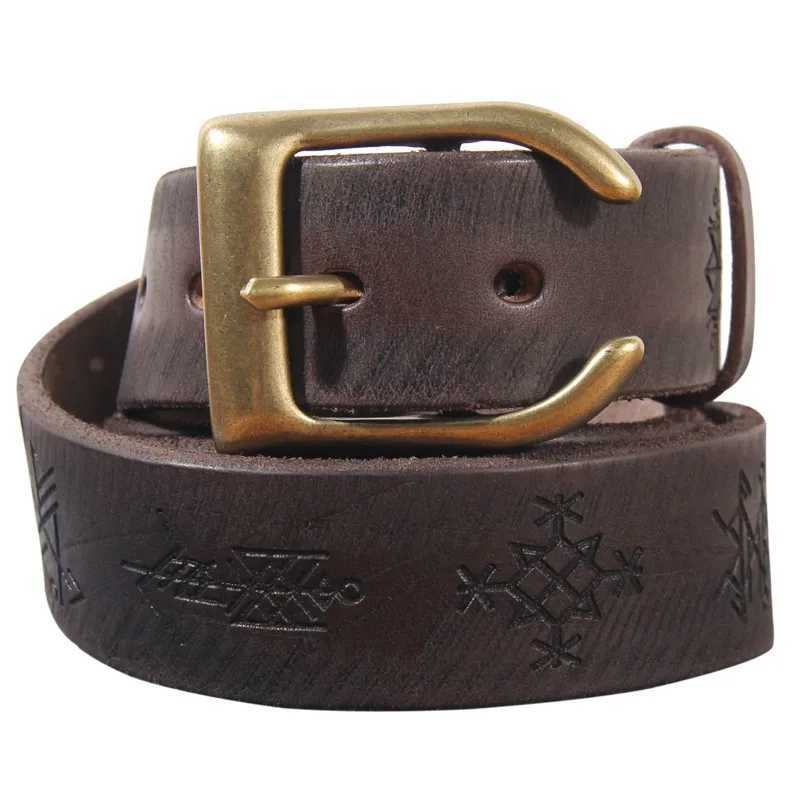 Ultra thick cowhide personalized brass trumpet shaped buckle mens belt retro laser engraving lucky Phaeton symbol denim belt W250326