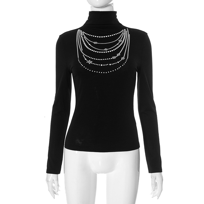 2025S Fashion Designer Y TP Women S Autumn Winter Bead Chain Printed High Collar Hoodie Tight Inner Bottom Top T Shirt