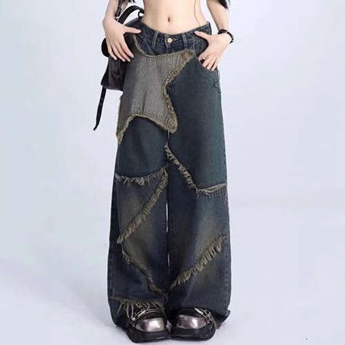 American Five Pointed Jeans For Women, Y2k High Waist Slimming Design, Star Fringed Straight Leg Pants With Floor Length