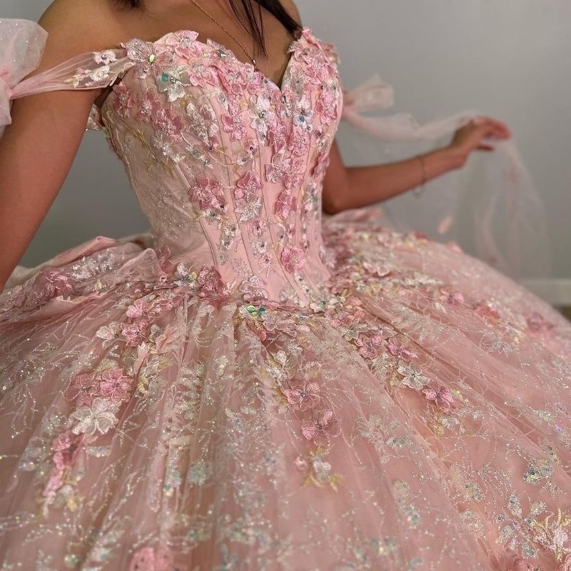 Pink Shiny Princess Sweetheart Ball Gown Quinceanera Dresses Off the Shoulder Beads Sequin Appliques Flower Party Birthday Vestidos De 15 Anos