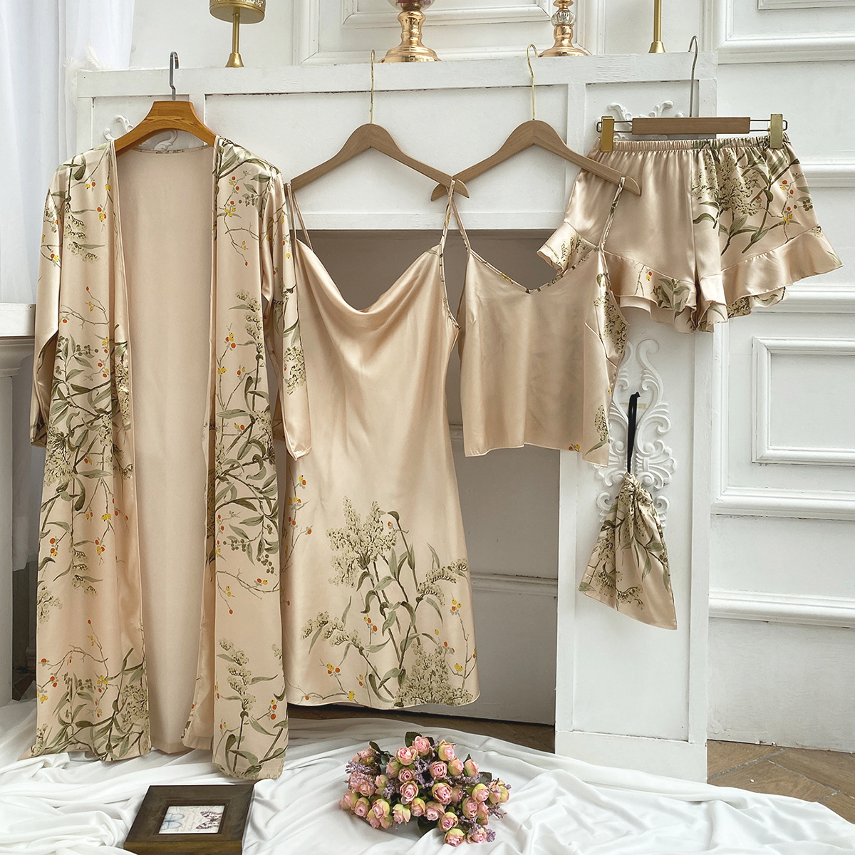 Spring and summer home wear four piece printed style pajamas women's with suspender sleeved long sexy nightgown set