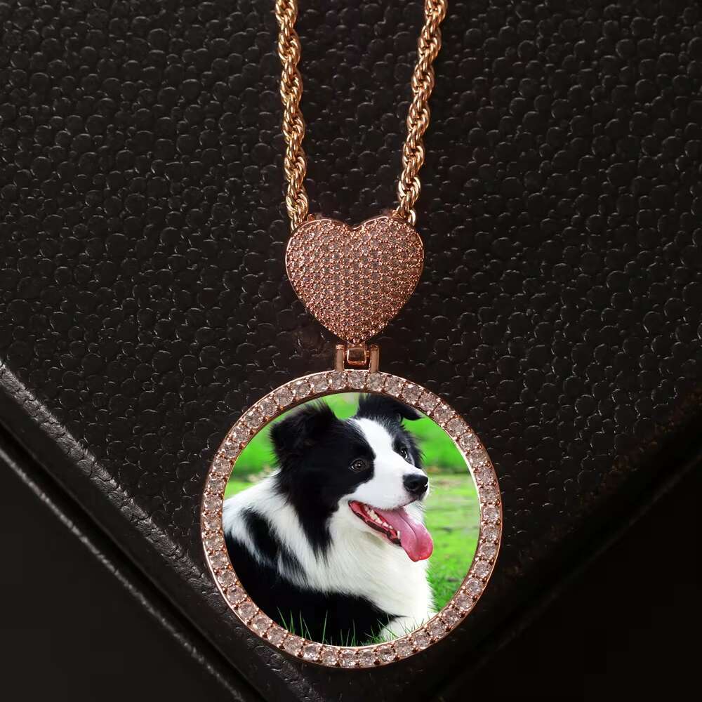 New Creative Heart Hook Circle Photo Pendant Necklace DIY Iced Out Zircon Photo Frame Pendant Men Women Hip Hop Necklace Jewelry