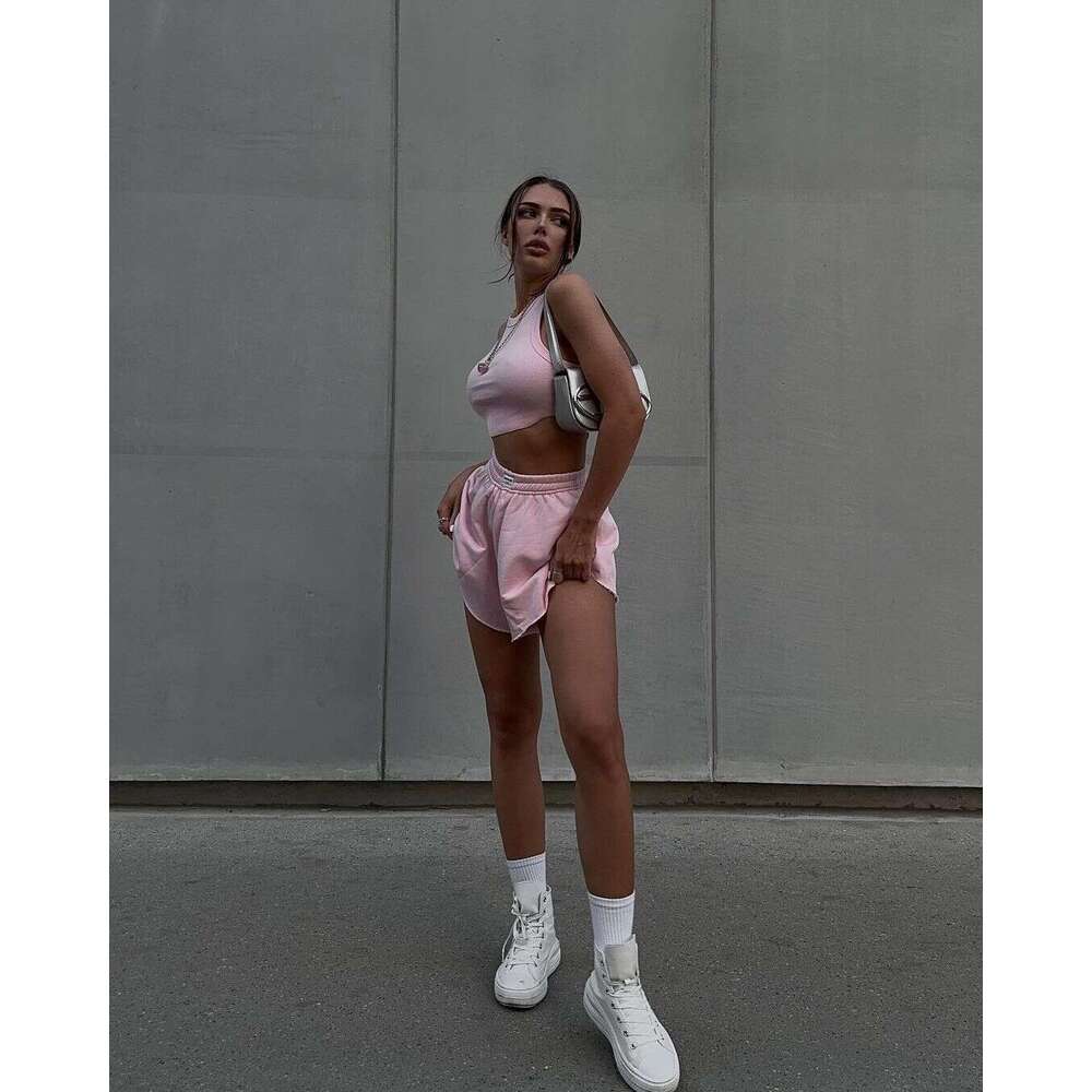2024 summer new knitted casual sports suit solid color vest shorts two-piece set ins