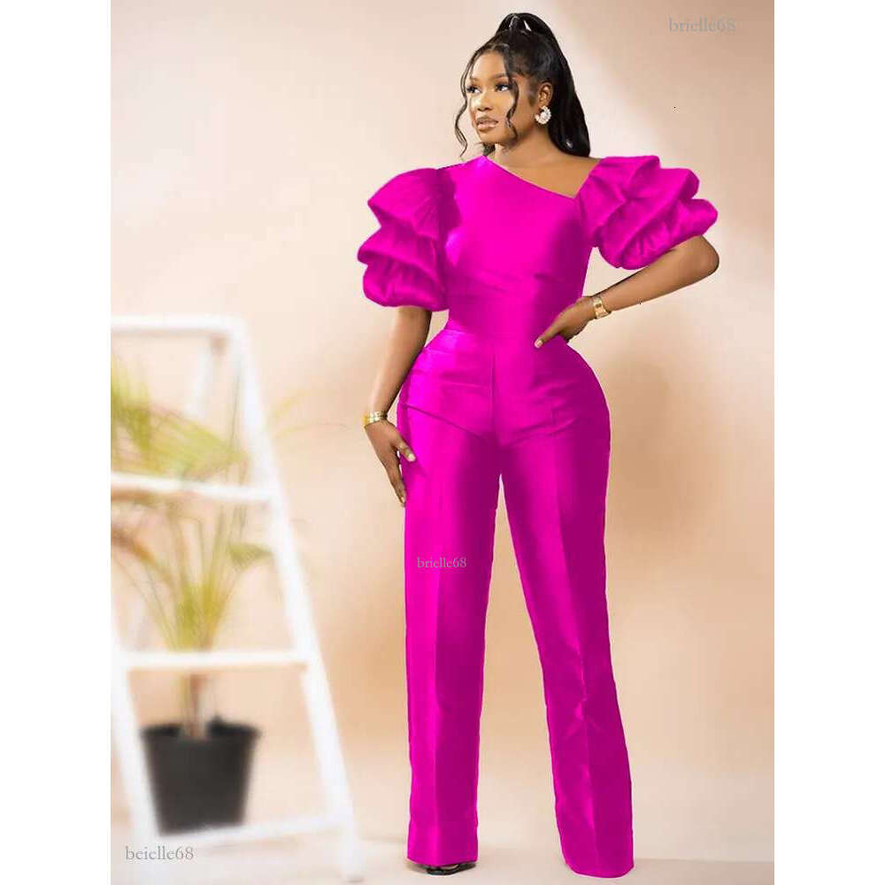 Women's Jumpsuits Rompers Women Jumpsuits Shiny Skew Collar Puff Sleeves High Waist Slim Elegant Office Ladies Summer Fashion Party Elegant 23071