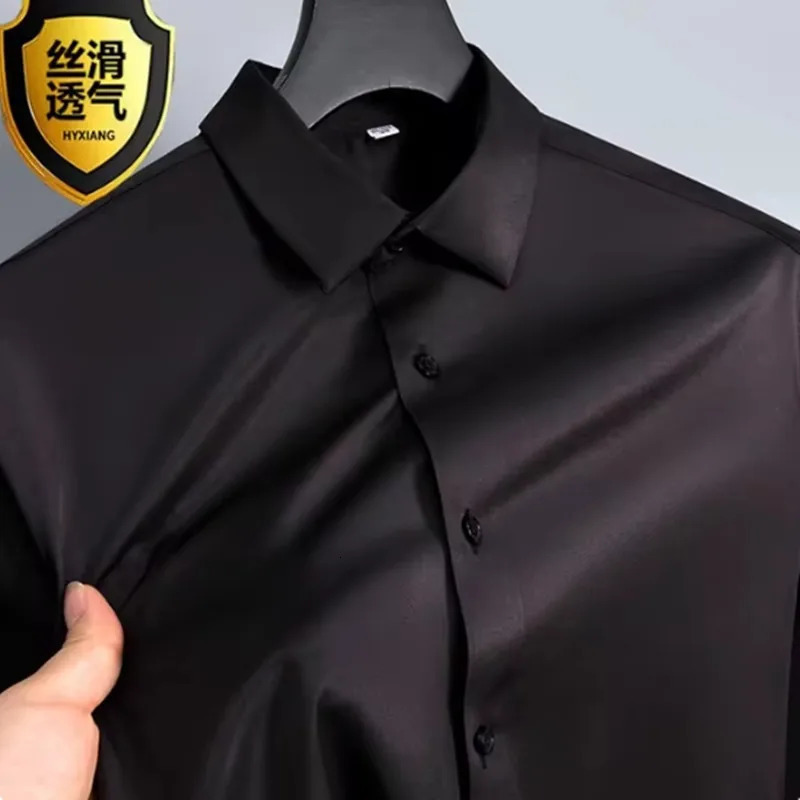 Basic Mens Black Shirt Long Sleeve Non Ironing Wrinkle Ice Silk Casual Soft Camisas Business Dress Mens Clothes 5XL 250325
