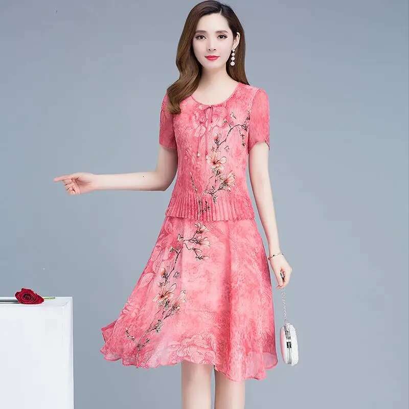 2023 Women's Clothing New Elegant Fashion Casual Patchwork Printing Pleated Short Sleeve Temperament Round Neck Skinny Dresses