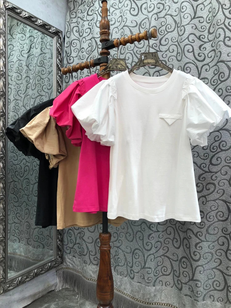 Retro Womens Simple T-shirt Summer T-shirt Puff Sleeve O-neck T-shirt Full Match Top Fashion Sweet White T-shirt Ropa Mujer 250321