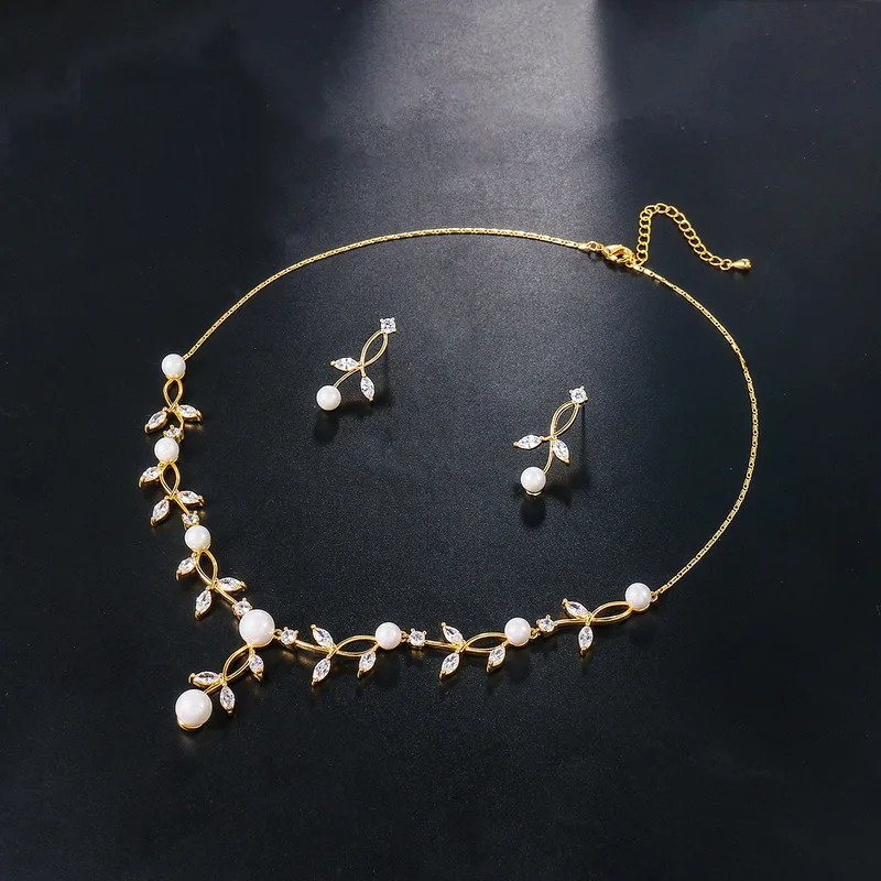 WEIMANJINGDIAN Elegant Cubic Zirconia and High Quality Shell Pearl Vine Necklace Earrings Wedding or Prom Jewelry Set 250318