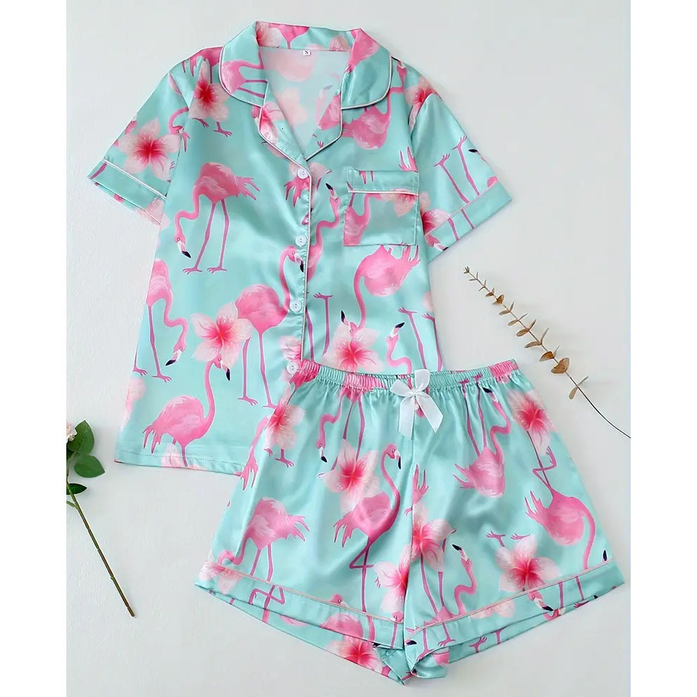 Hot selling flamingo ice silk pajamas set, casual cartoon monkey printed home clothes, loose fit