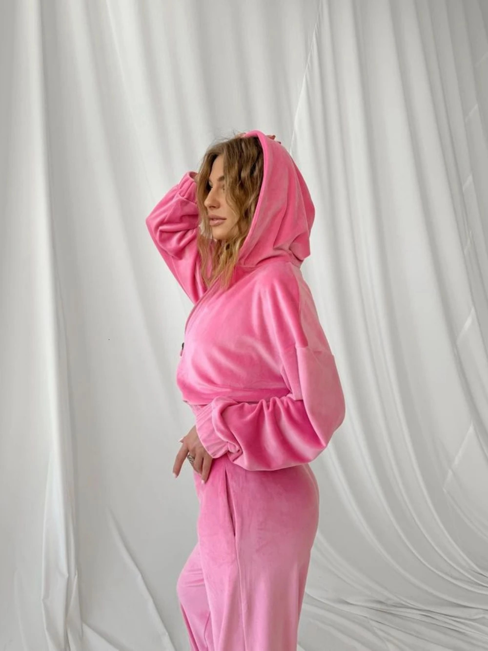 Womens Suit Hooded Long-Sleeved Short Coat And Wide-Leg Pant Outfits Fall Solid Color Ladies Two-Piece Set 250321