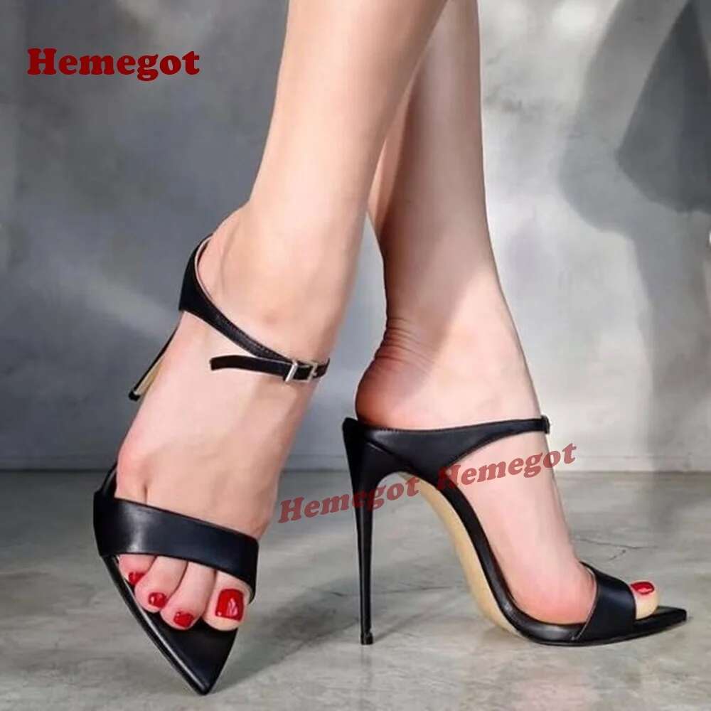 One Straps Buckled Summer Pointy Toe Stiletto Black Leather Women's Slippers 2025 New Thin High Heels Sexy Cut Out Shoe