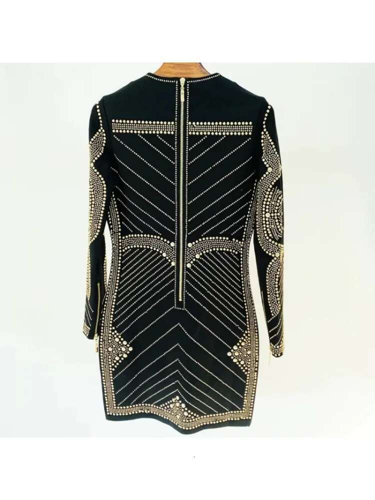HIGH STREET Newest 2025 Designer Stylish Fashion Women Long Sleeve urious Metallic Beaded Stretchy Dress
