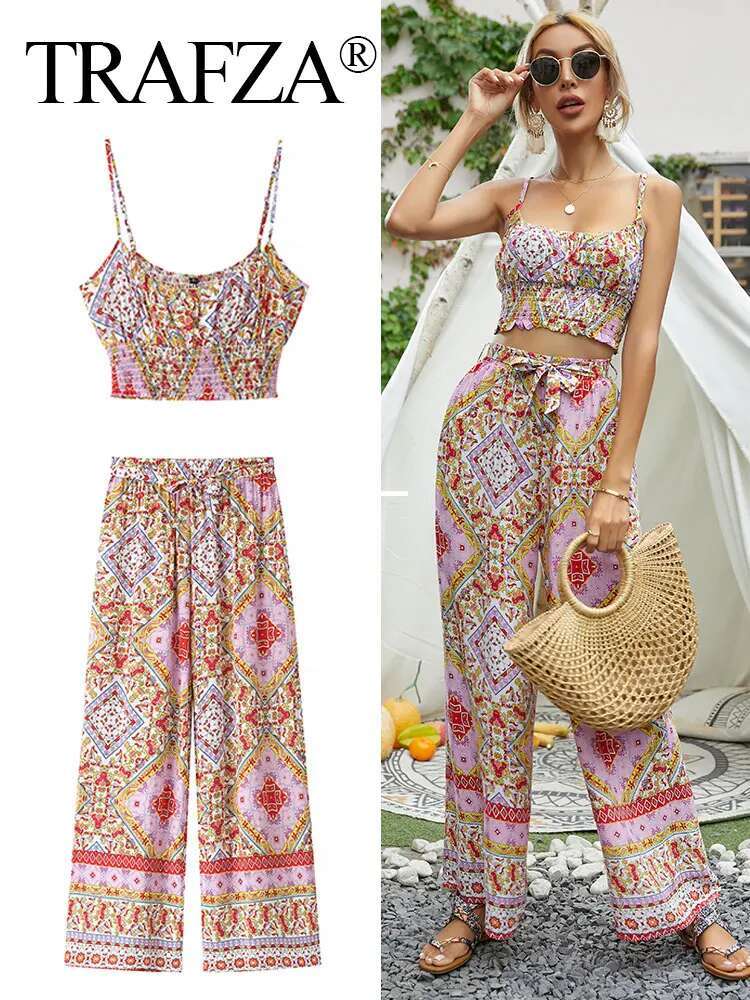 TRAFZA Women Fashion Print Pant Sets Sleeveless Strap Top Loose Casual Elastic Waist Trousers 2025 Summer Lady Bohemian Outfits