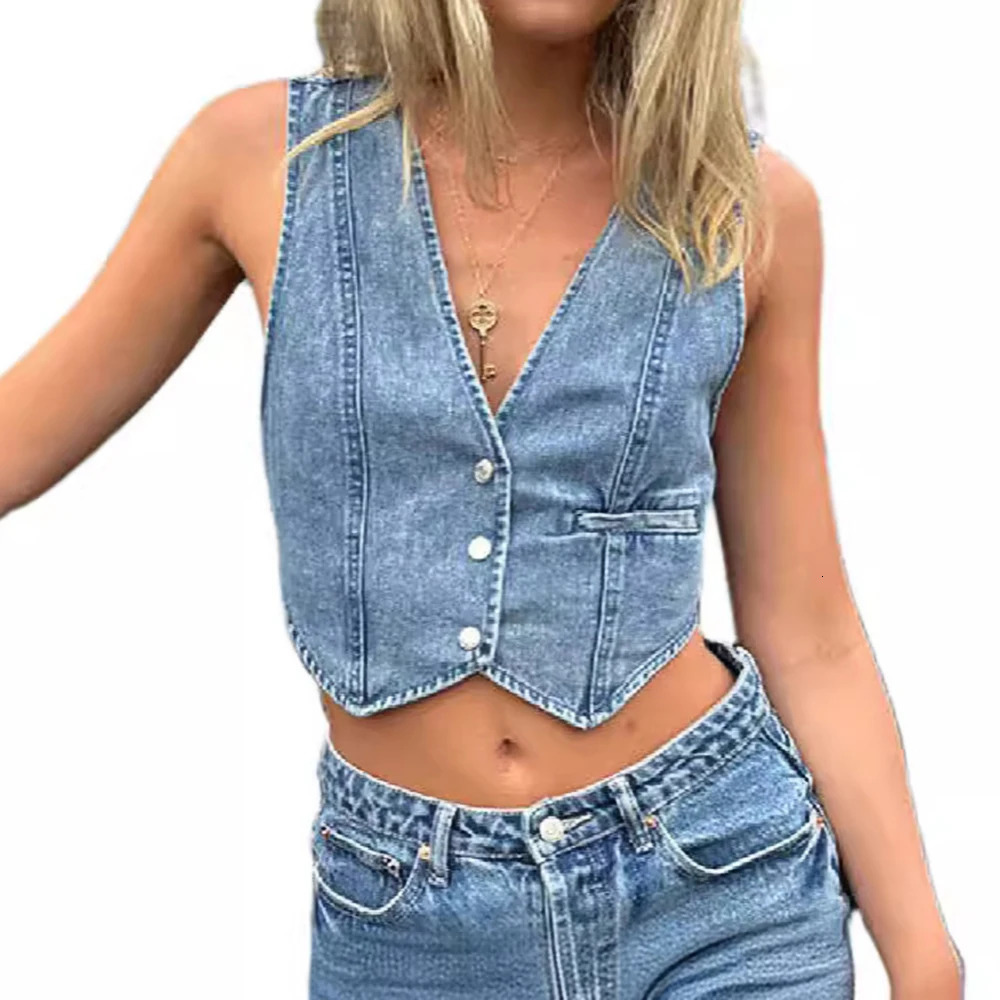 Mia Muse Denim Vests Fashion Daily Single Breasted Bright Line Decoration Sleeveless V-Neck Casual Vests For Women 250320