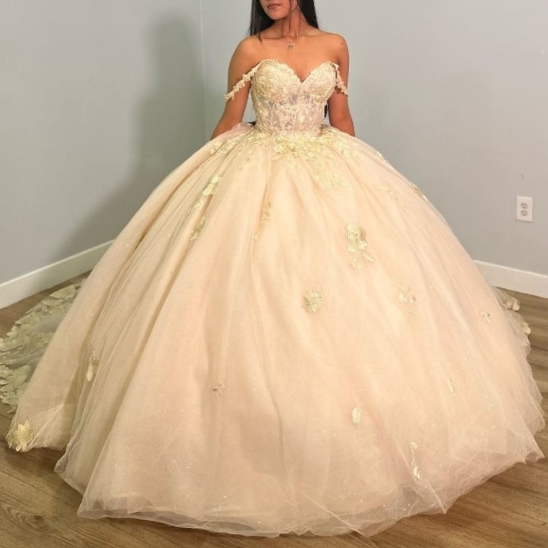 Champagne Sweetheart Princess Quinceanera Dresses Off Shoulder Appliques Lace Tull Ball Gown Sweet 16 Dresses Vestidos De 15 Anos