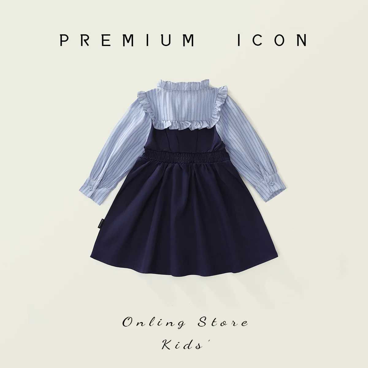 Childrens girls preparatory sled dress autumn Korean fake two-piece baby girls dress striped contrasting knot long sleeved childrens girls dress W2503