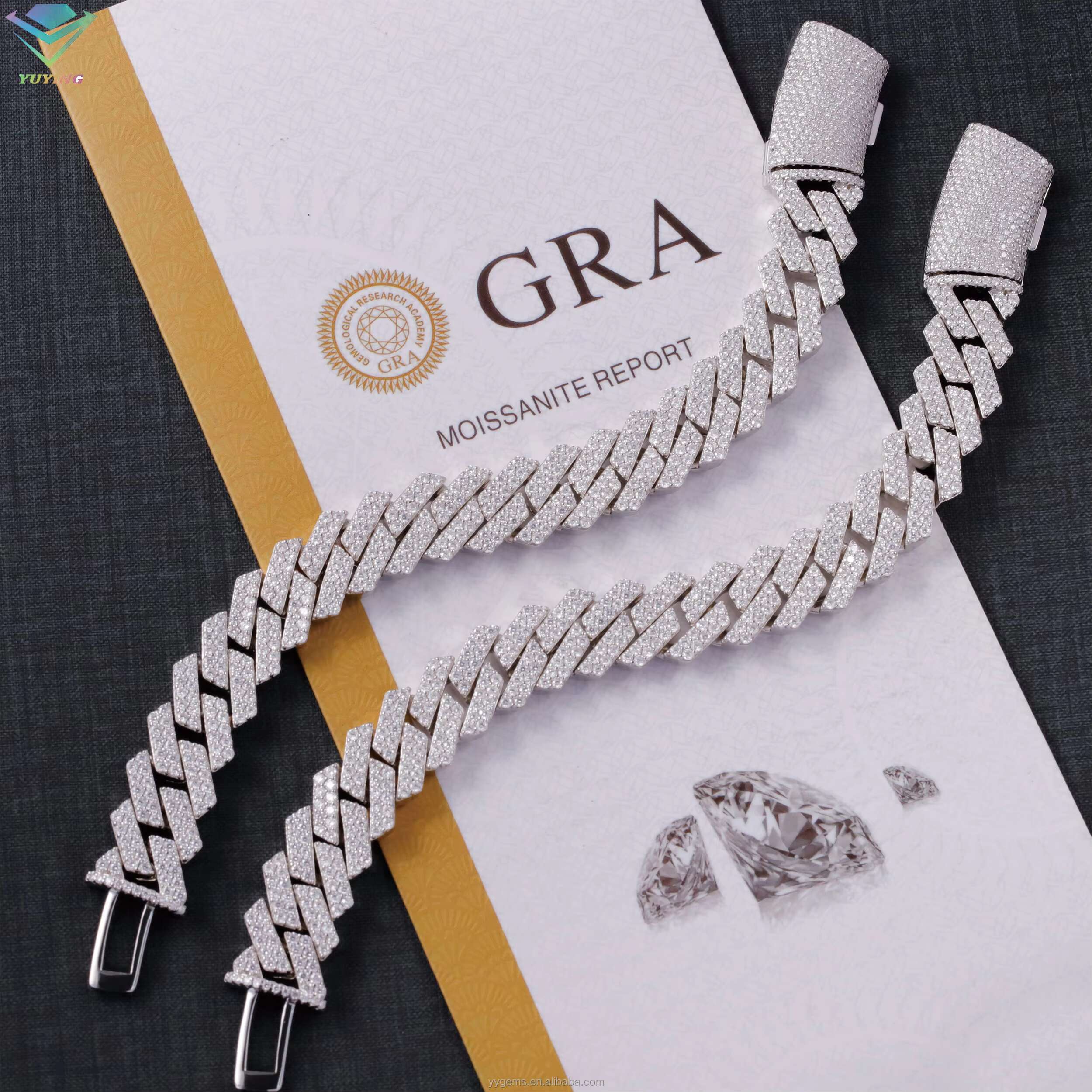 Luxury 14mm Moissanite Cuban Chain Iced Out 925 Silver 2 Rows White Gold Plated VVS Moissanite Cuban Link Chain Bracelet