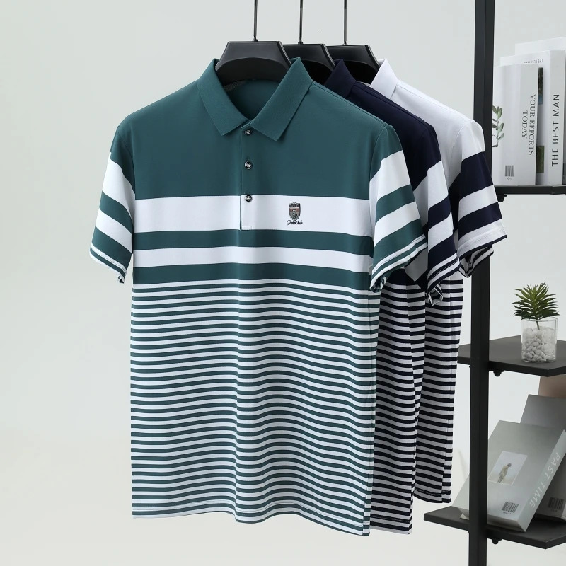 pure cotton striped mens short sleeved polo shirt highend badge embossed fashion casual summer Tshirt 250322Z