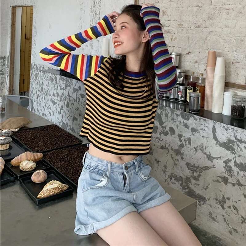 Ddmyshoesvip Striped Knitted Autumn Women Student Wind Casual Wild Slim Short T Shirt Female Crop Tops Long Sleeve T Shirts