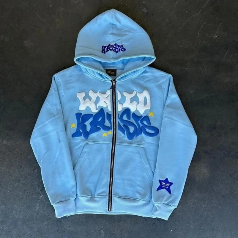 Y2k Street Personality Trendy Zipper Hoodie with Extra Large Letter Star Print Fashion Casual Sports Sweatshirt for Men 250324