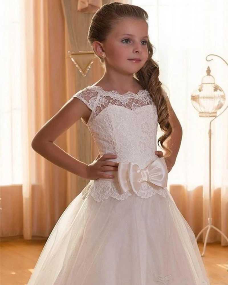 White first backless lace applique bow long flower girl wedding dress Par birthday dress W250326