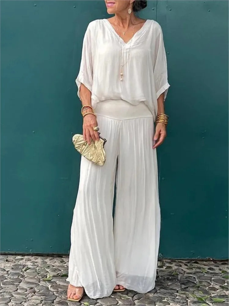 Womens sexy V-neck short sleeved top wide leg pants set summer chiffon casual set casual loose street two-piece set 250321