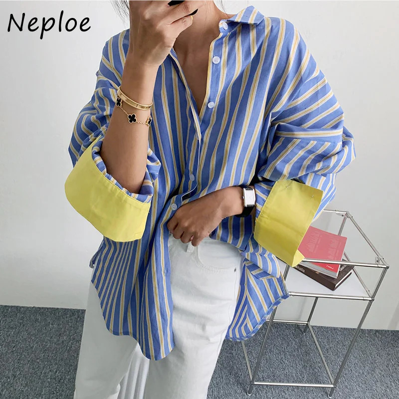 Neploe Turn Down Collar Stripe Contrast Color Patchwork Blouses Blusas Mujer De Moda 2025 Long Sleeve Single-breasted Shirts 250317