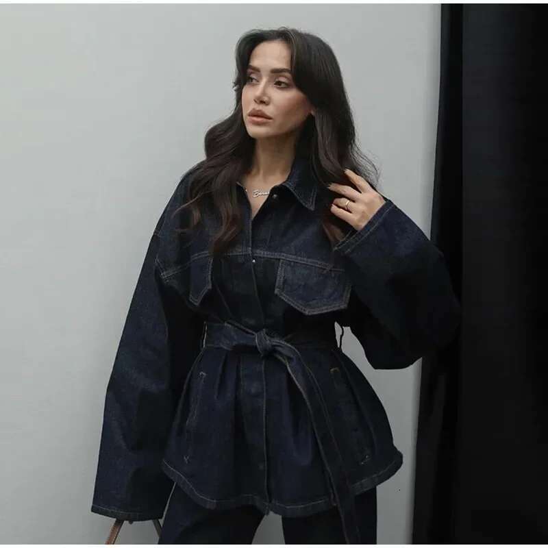 Vintage Women With Belt Denim Jacket Pants Set Single Breasted Long Sleeve Jackets Wide Leg Jeans Lady Street Outfits 2025