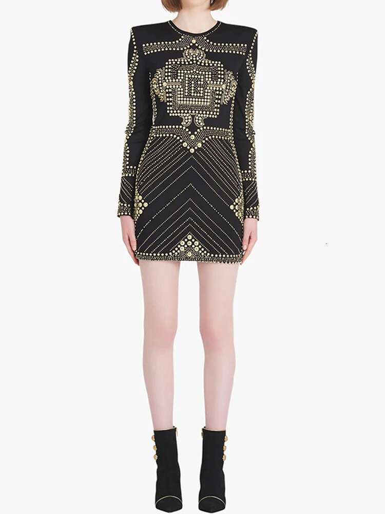 HIGH STREET Newest 2025 Designer Stylish Fashion Women Long Sleeve urious Metallic Beaded Stretchy Dress