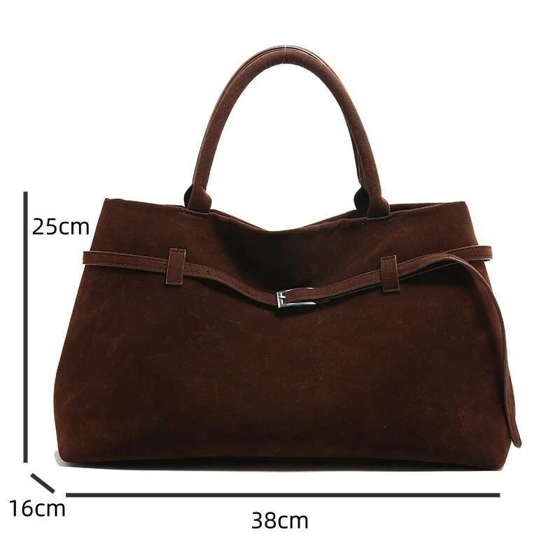 Faux Suede Brown Vintage Handbag Belt Buckle Elegant Ladies High Capacity Casual Tote Bag Top-Handle Commuter Bags For Women