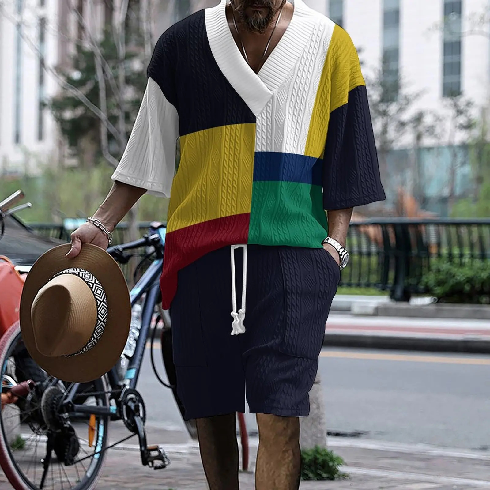2024 summer mens loose casual sportswear highquality jacquard Vneck short sleeved twopiece clothing 250326