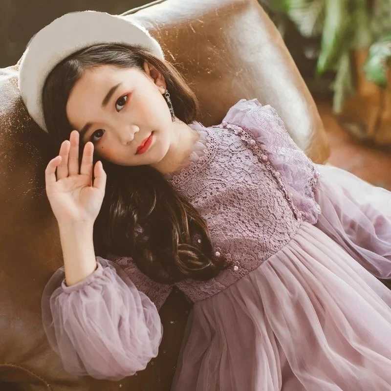 Spring and Autumn Girls Dress Lantern Sleeve Lace Mesh Pearl Sweet Fashion Little Princess Dress 3-12 Year Christmas Childrens Clothing W250326