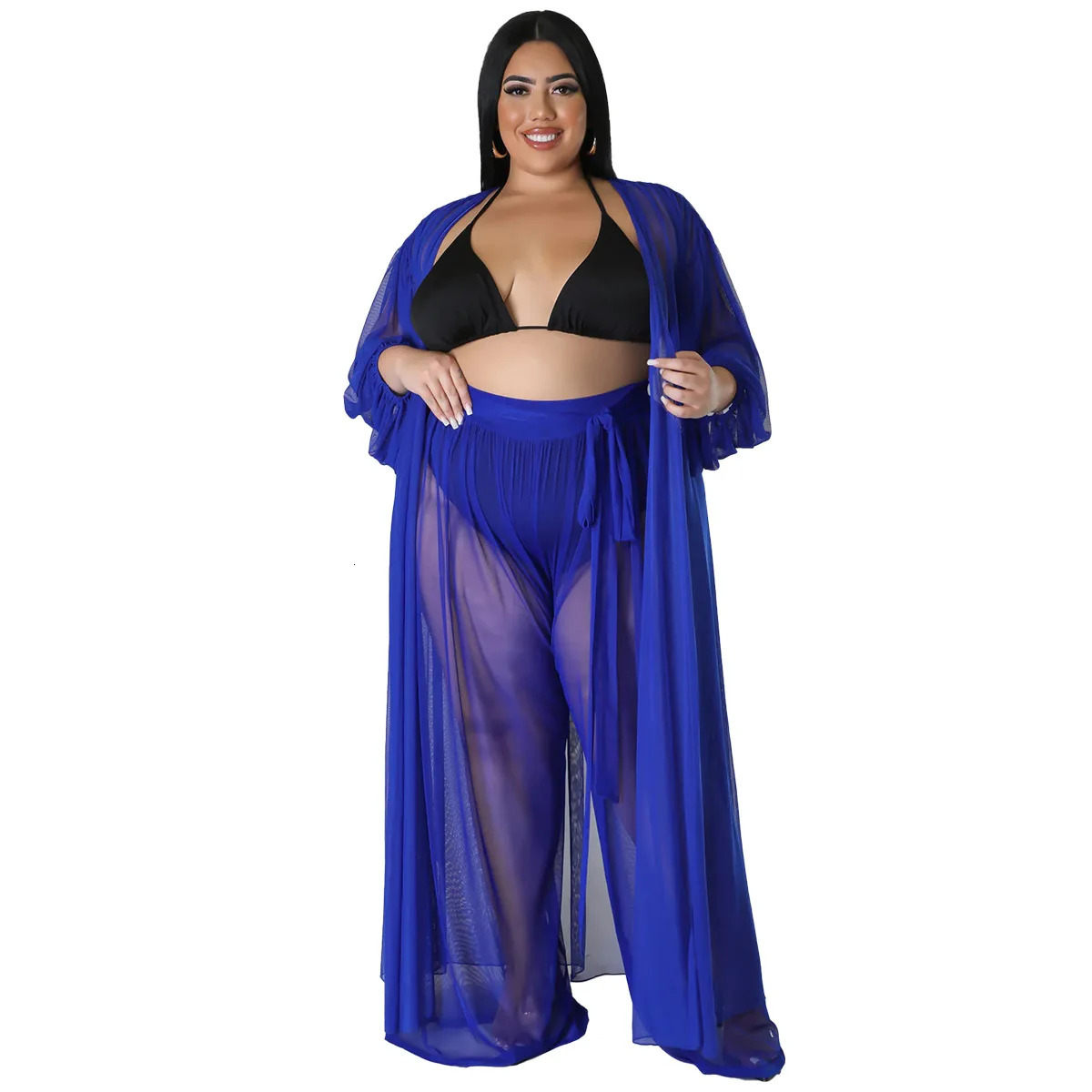 Plus Size Loose Sheer Mesh Two Piece Set Summer Women Clothes Beach Style Long Sleeve Cardigan Cover-ups Pants 2 Pieces Set 250324