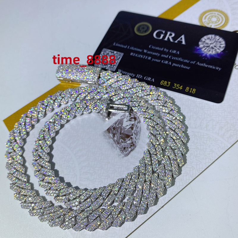 Iced Out Vvs Moissanite 2 Rows Miami Gold Cuban Chain Necklace 925 Sterling Silver Diamond Moissanite Cuban Link Chain
