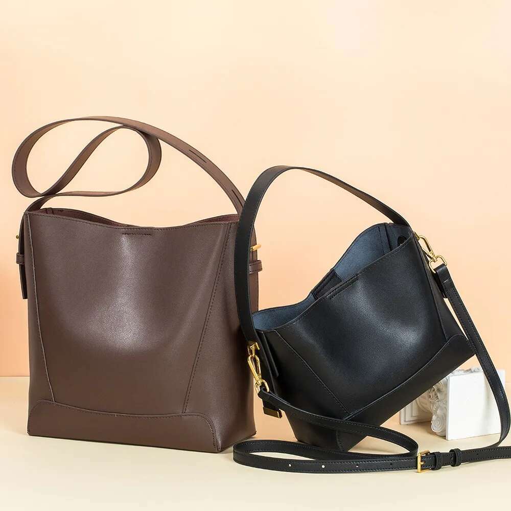 Genuine Leather Bucket Shoulder Bag Women Cowhide Crossbody Designer Tote Handbag Lipstick Phone Large-Capacity