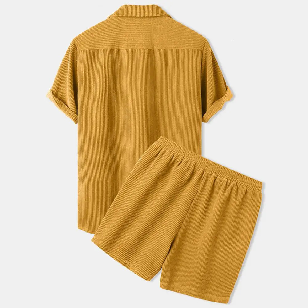 Summer mens Corduroy shorts set fashion collar short sleeved shirtsolid color shorts 2-piece set mens casual suit sportswear 250324