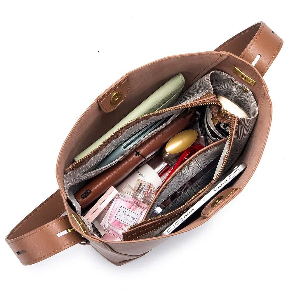 Genuine Leather Bucket Shoulder Bag Women Cowhide Crossbody Designer Tote Handbag Lipstick Phone Large-Capacity