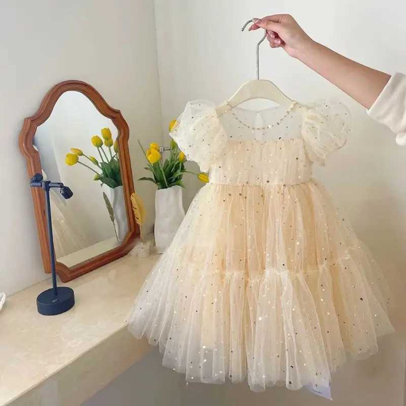 Summer dress for girls elegant dress for girls baby bubble sleeves mesh sequin dress temperature princess Par short sleeved dress W250326