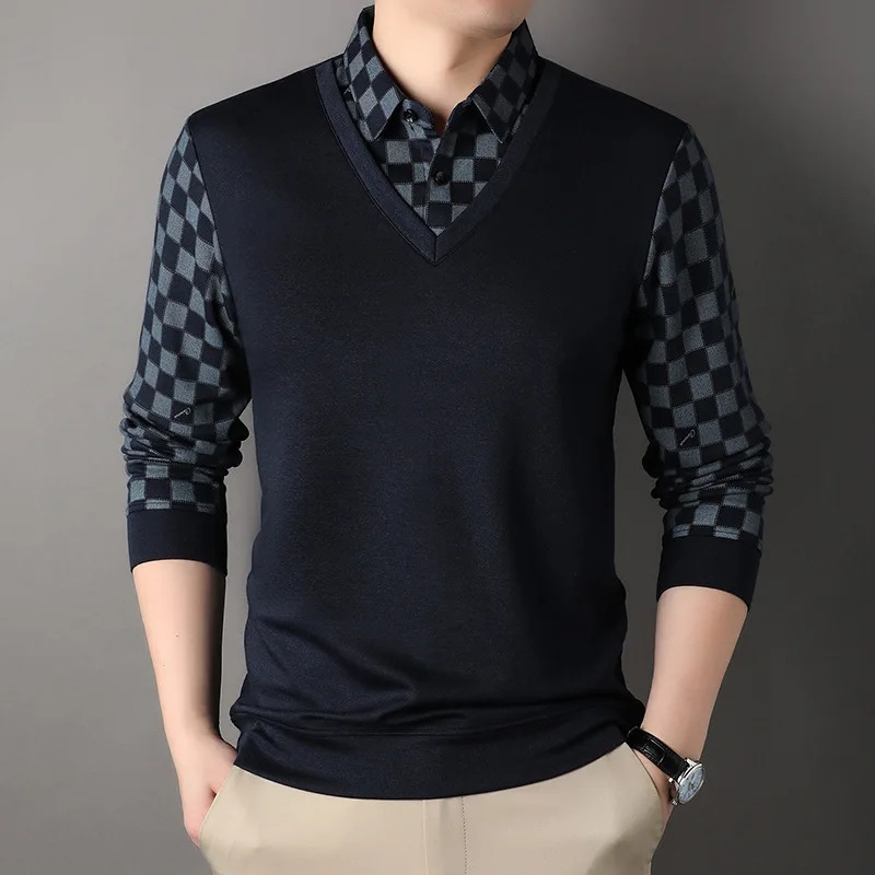 Spring and autumn flat twopiece polo shirt mens clothing long sleeved casual loose bottom Y2K top 250326
