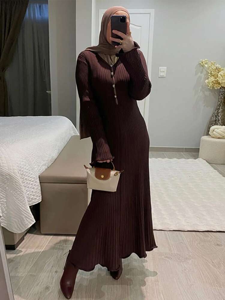 Knitted Women Maxi Dresses Elegant Ruffled Hem Long Butterfly Sleeve Single Breasted Female Dress 2025 Spring New Vacation Robes
