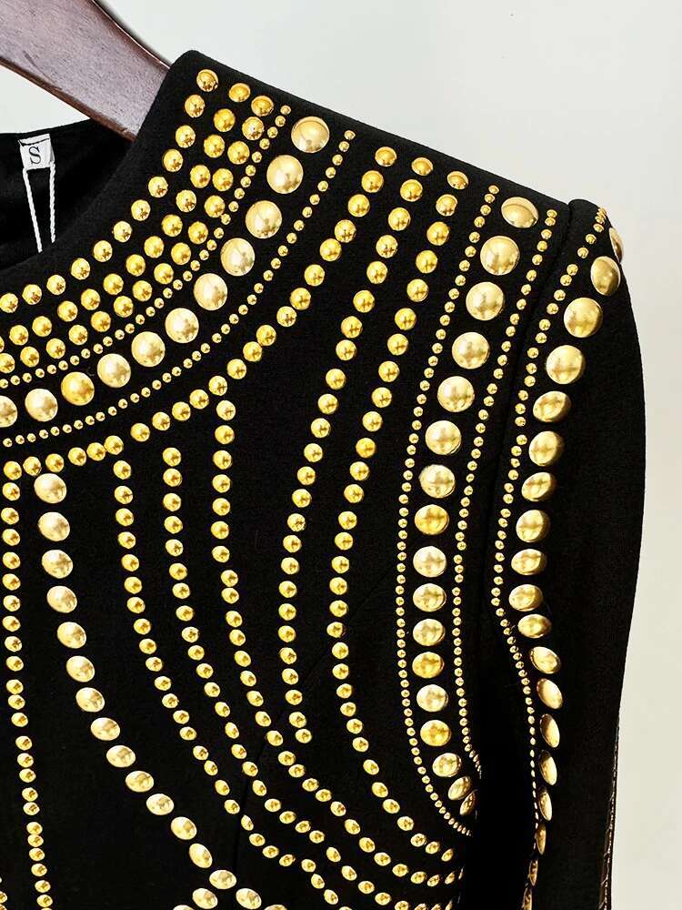 HIGH STREET Newest Fashion 2024 Designer Women's Long Sleeve Metal Beaded Stretchy Dress