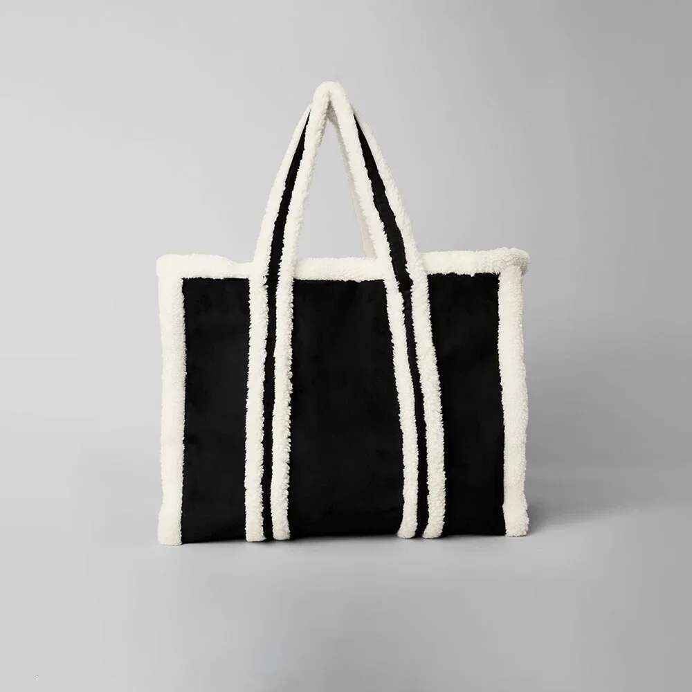 Winterfun Soft Plush Shoulder With Zipper Pocket Contrasting Color Travel Bag Makeup Large Capacity Tote Bags